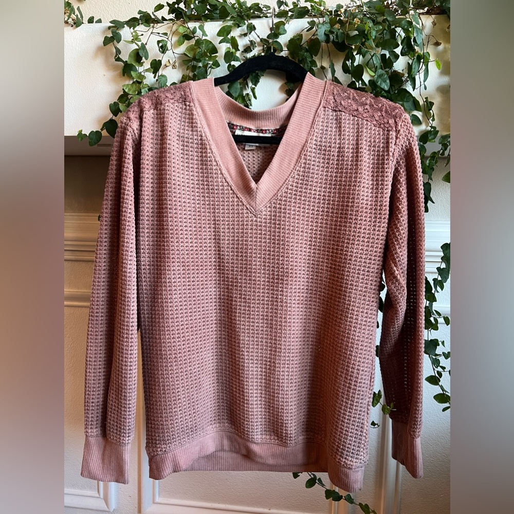 Knox Rose Womens Pullover Sweater Pink Long Sleeve Waffle Knit Lace V Neck XS